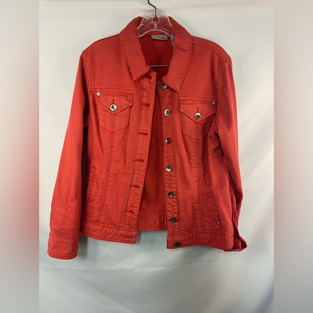 Chicos platinum orange red denim jacket, a nice cotton/spandex for comfort!
